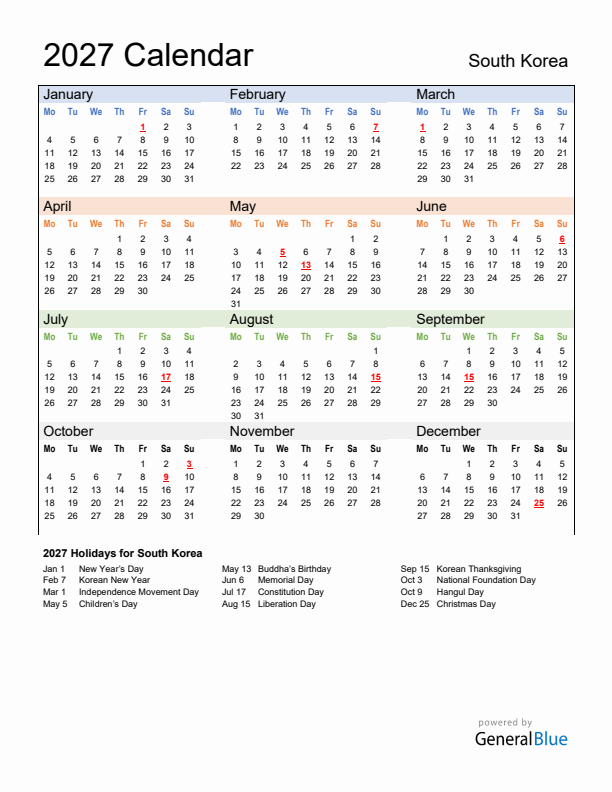 Calendar 2027 with South Korea Holidays