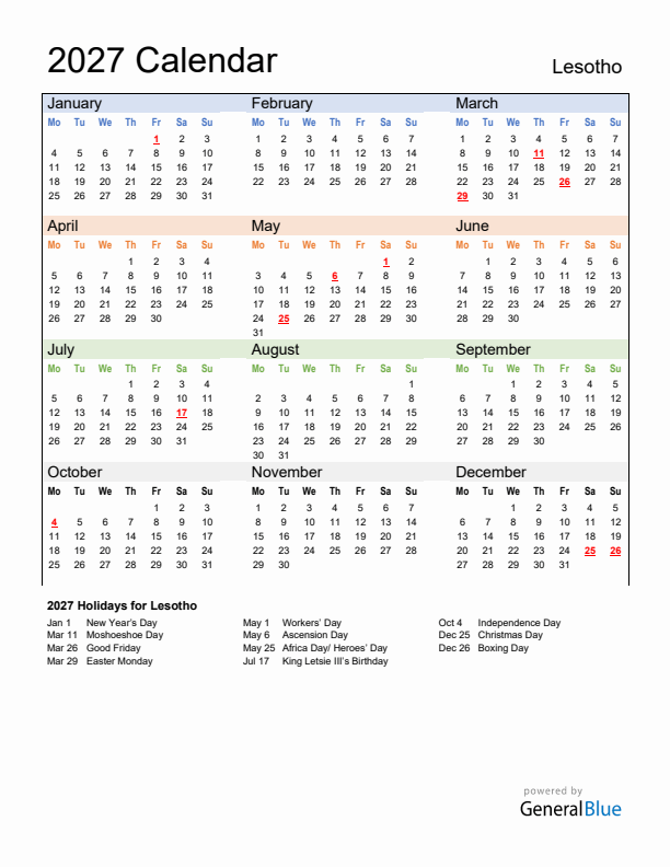 Calendar 2027 with Lesotho Holidays