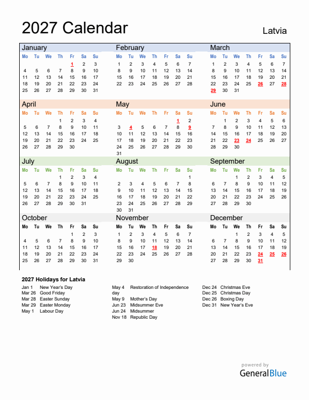 Calendar 2027 with Latvia Holidays