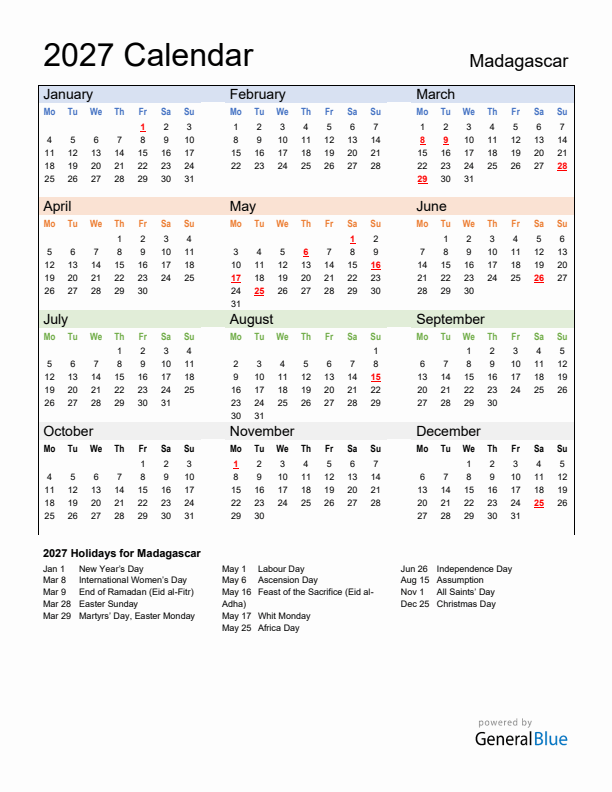 Calendar 2027 with Madagascar Holidays