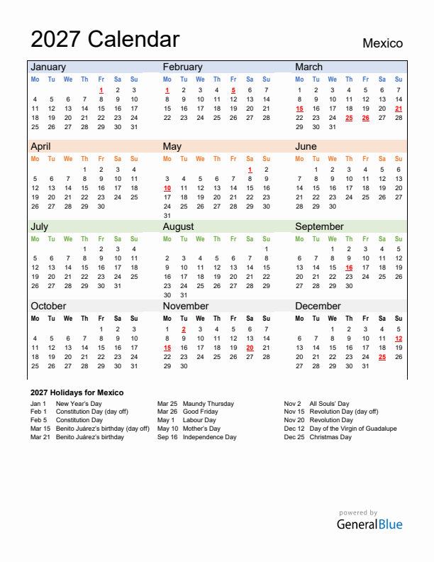 Calendar 2027 with Mexico Holidays