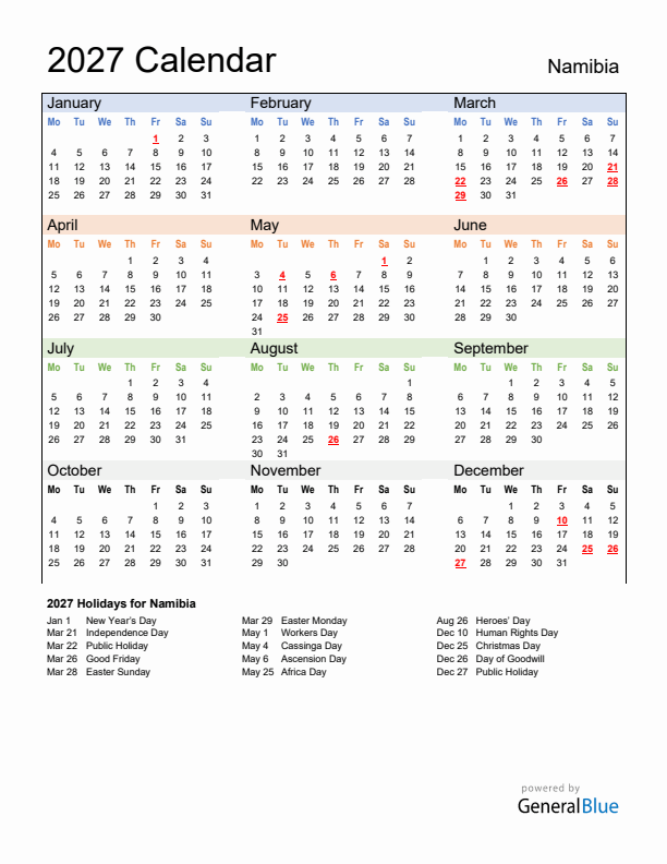 Calendar 2027 with Namibia Holidays