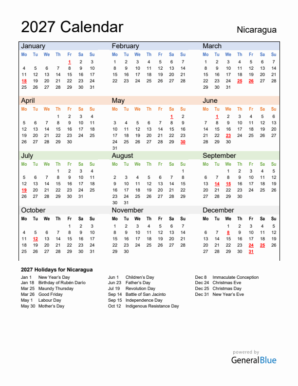 Calendar 2027 with Nicaragua Holidays