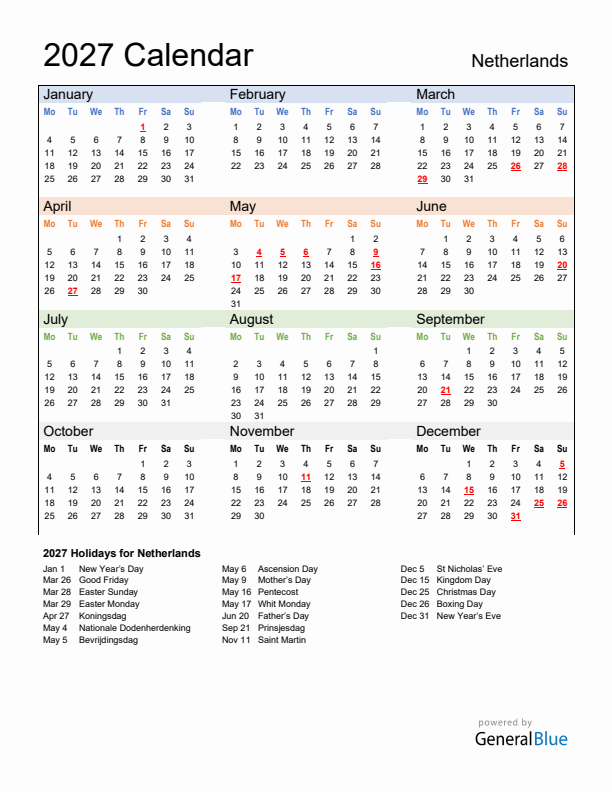 Calendar 2027 with The Netherlands Holidays