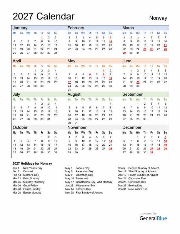 Calendar 2027 with Norway Holidays