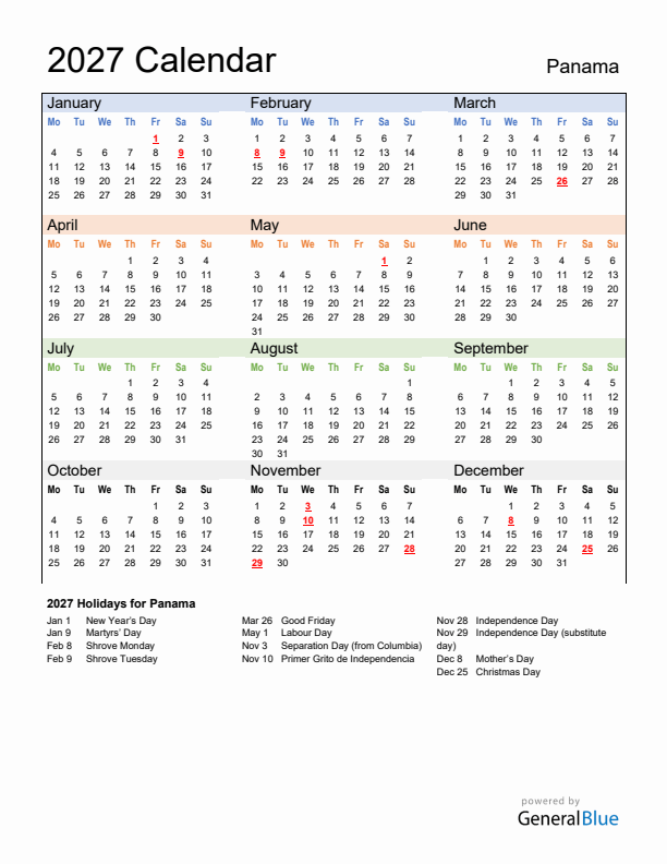 Calendar 2027 with Panama Holidays