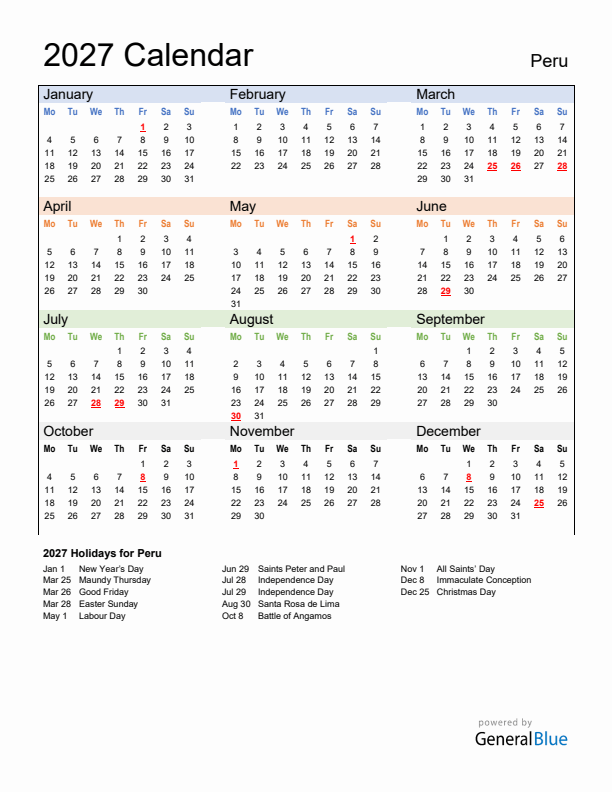 Calendar 2027 with Peru Holidays