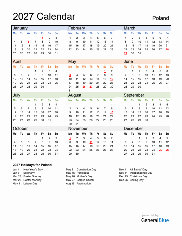 Calendar 2027 with Poland Holidays