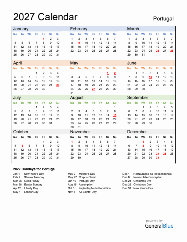 Calendar 2027 with Portugal Holidays