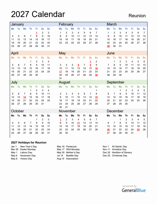 Calendar 2027 with Reunion Holidays
