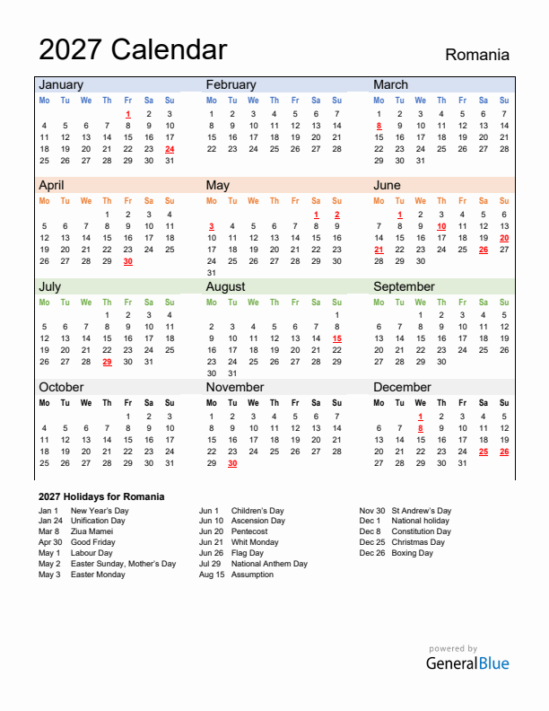 Calendar 2027 with Romania Holidays