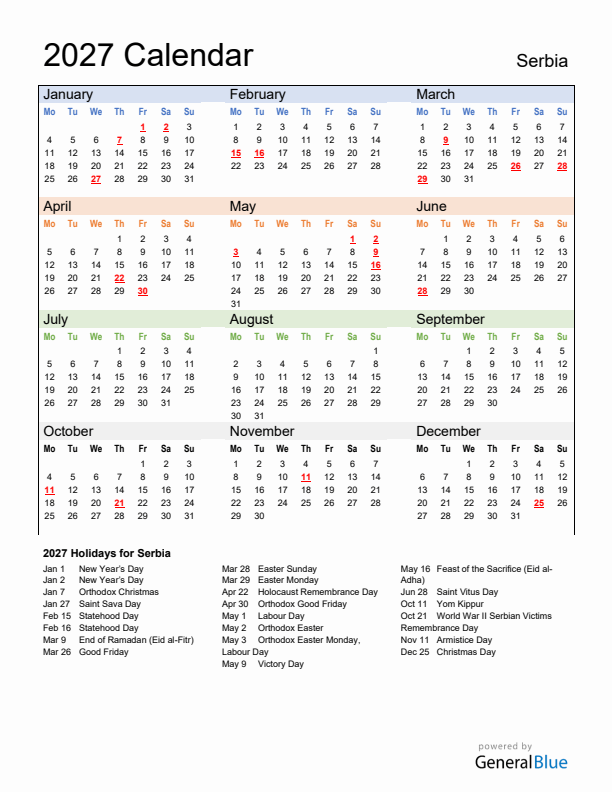 Calendar 2027 with Serbia Holidays
