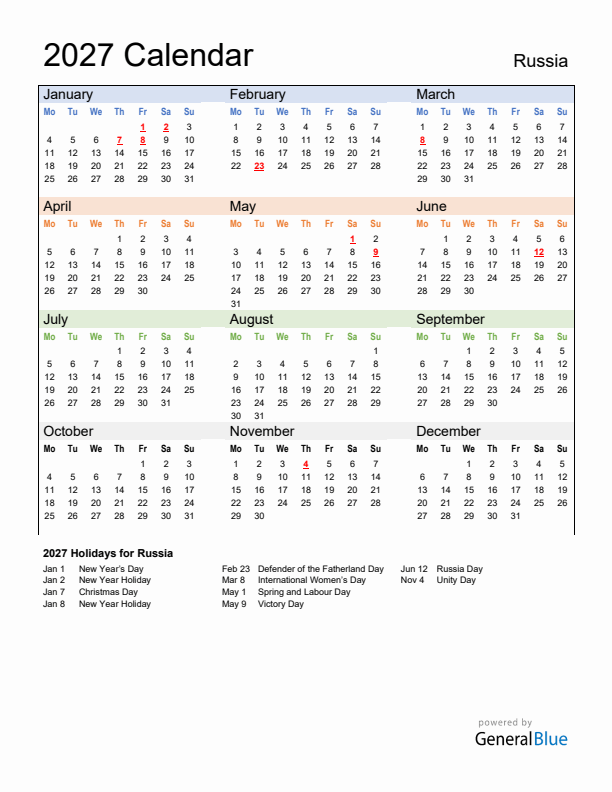 Calendar 2027 with Russia Holidays
