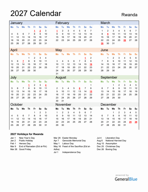 Calendar 2027 with Rwanda Holidays