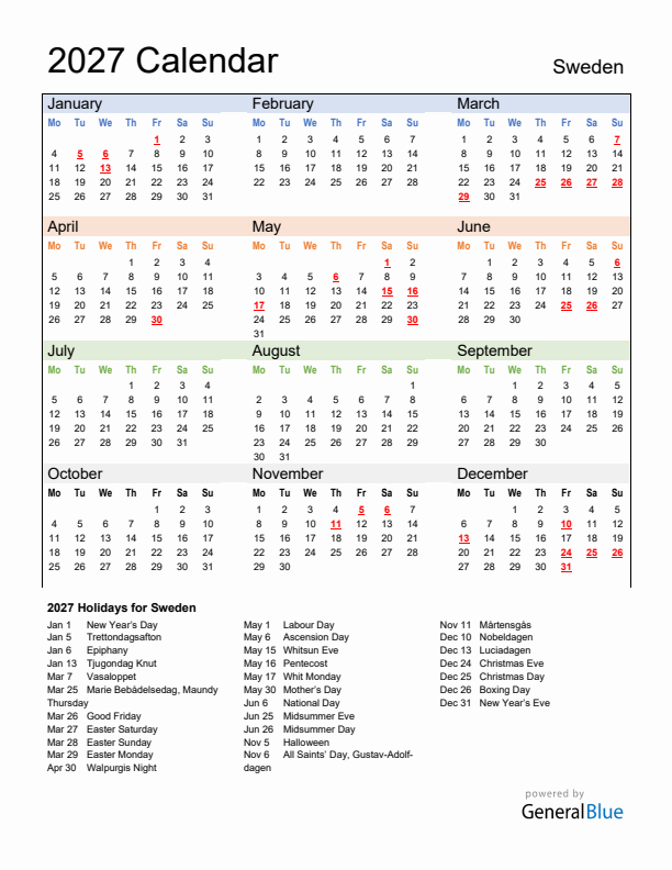 Calendar 2027 with Sweden Holidays