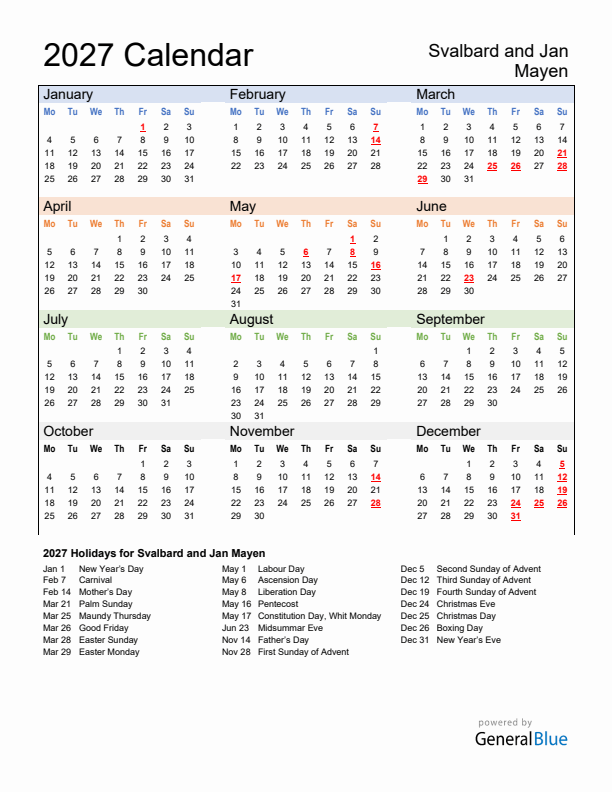 Calendar 2027 with Svalbard and Jan Mayen Holidays