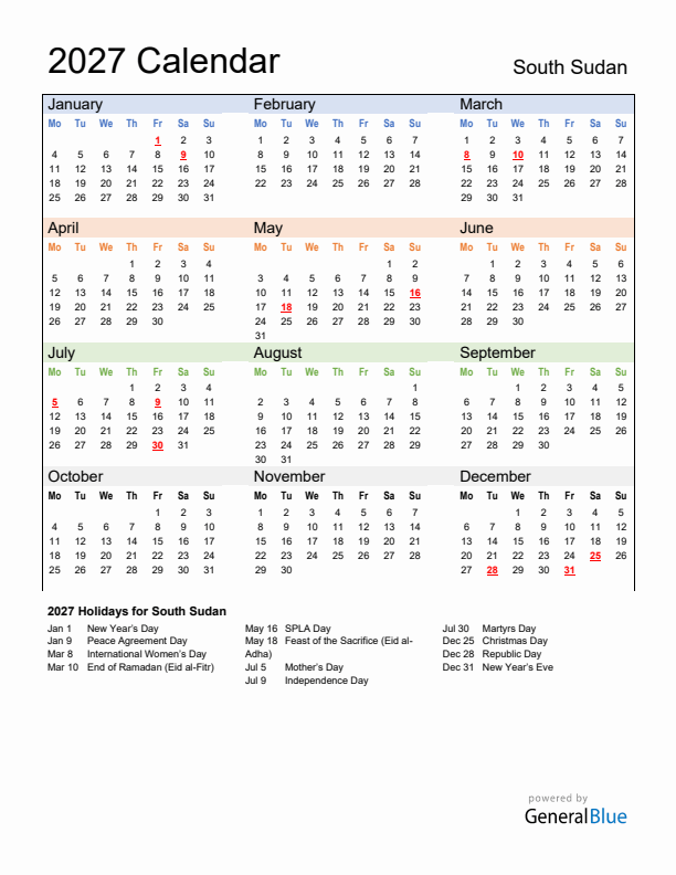 Calendar 2027 with South Sudan Holidays