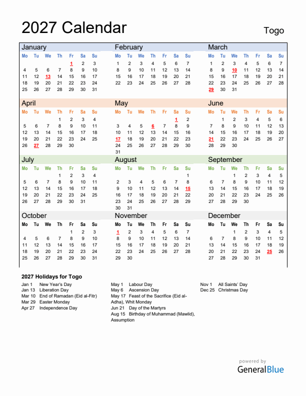 Calendar 2027 with Togo Holidays