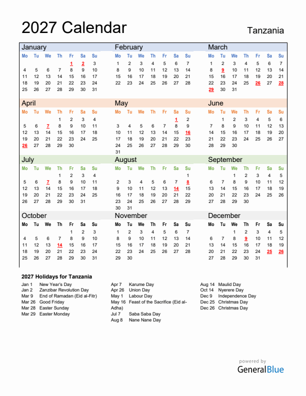 Calendar 2027 with Tanzania Holidays