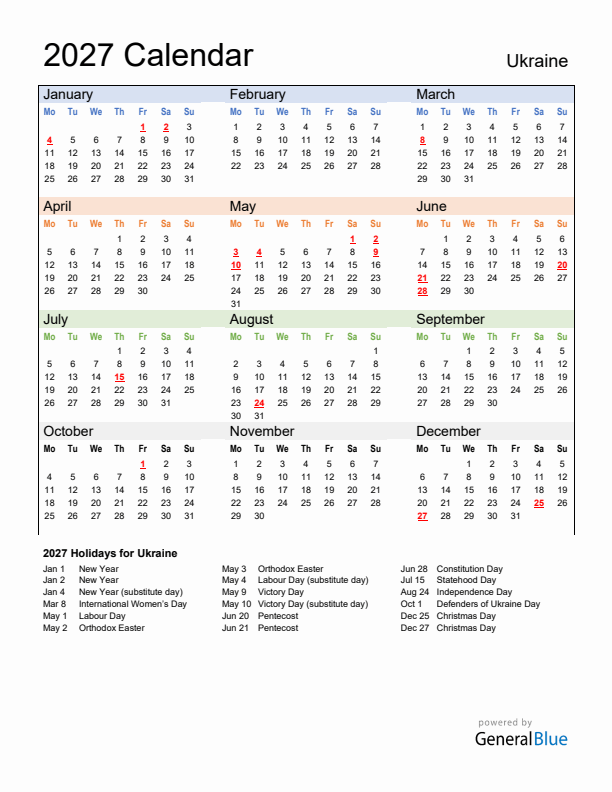 Calendar 2027 with Ukraine Holidays