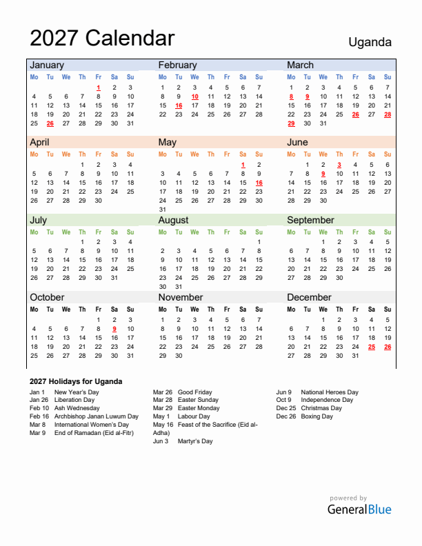 Calendar 2027 with Uganda Holidays