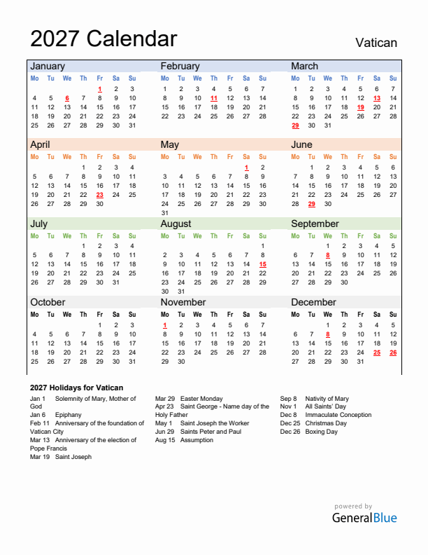 Calendar 2027 with Vatican Holidays
