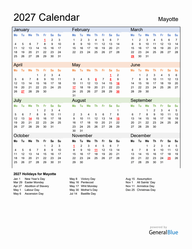Calendar 2027 with Mayotte Holidays