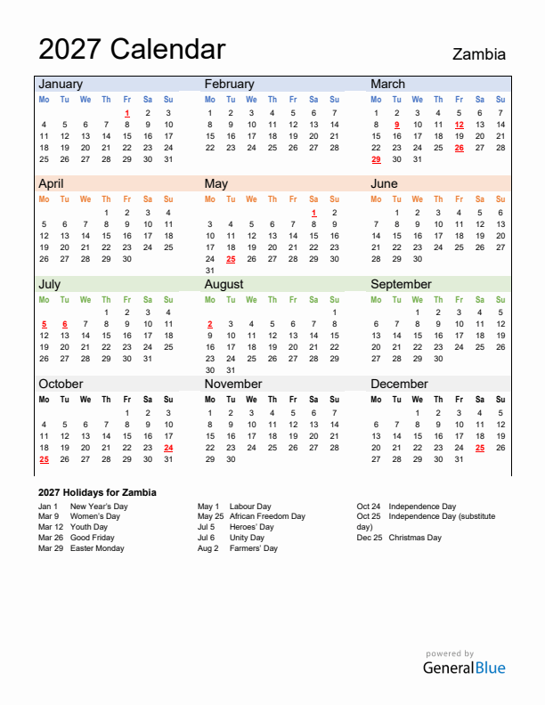 Calendar 2027 with Zambia Holidays