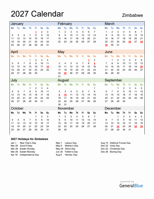 Calendar 2027 with Zimbabwe Holidays