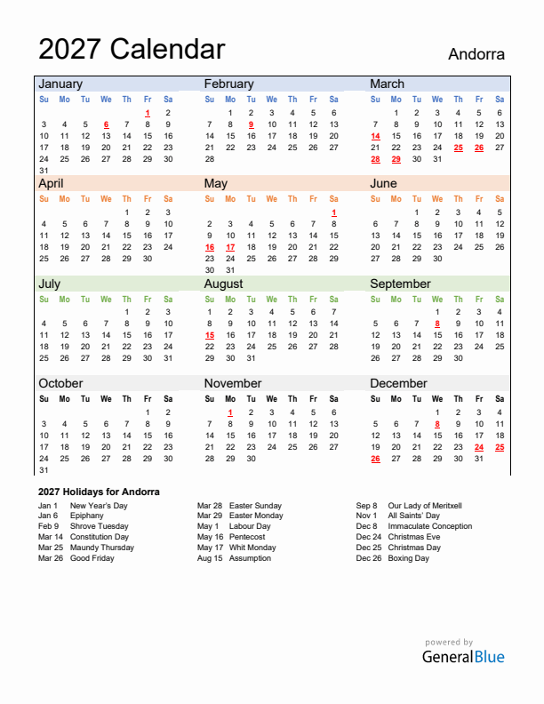 Calendar 2027 with Andorra Holidays