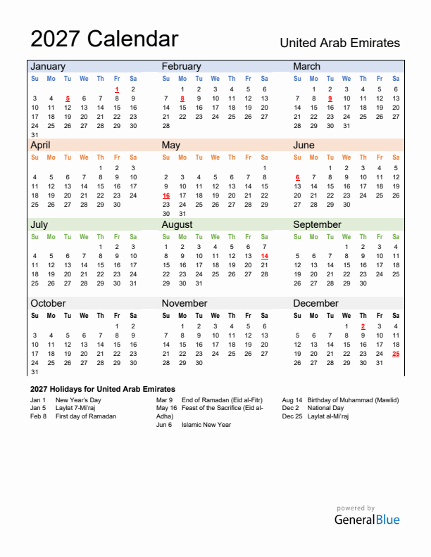 Calendar 2027 with United Arab Emirates Holidays