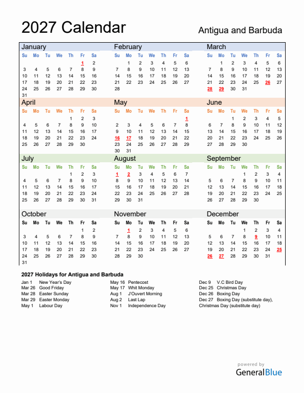 Calendar 2027 with Antigua and Barbuda Holidays