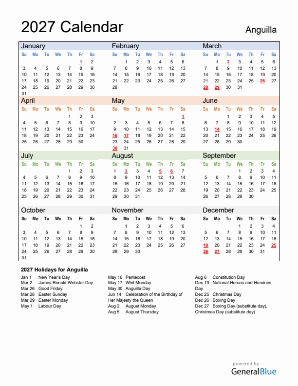Calendar 2027 with Anguilla Holidays