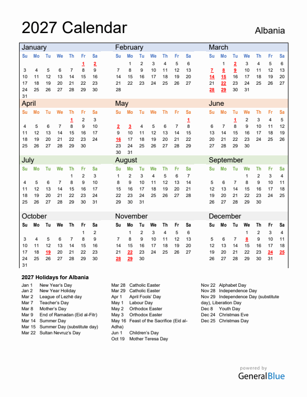 Calendar 2027 with Albania Holidays