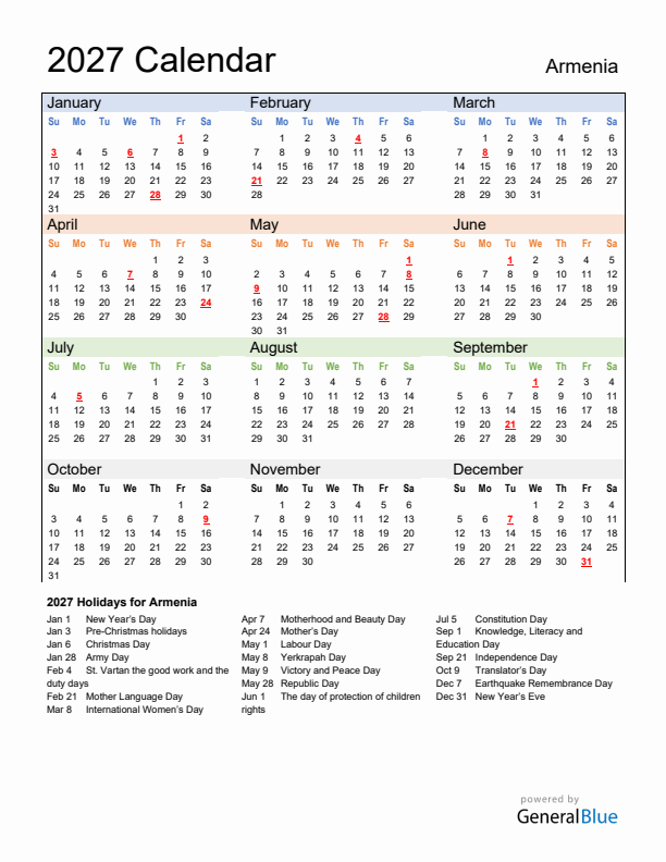 Calendar 2027 with Armenia Holidays