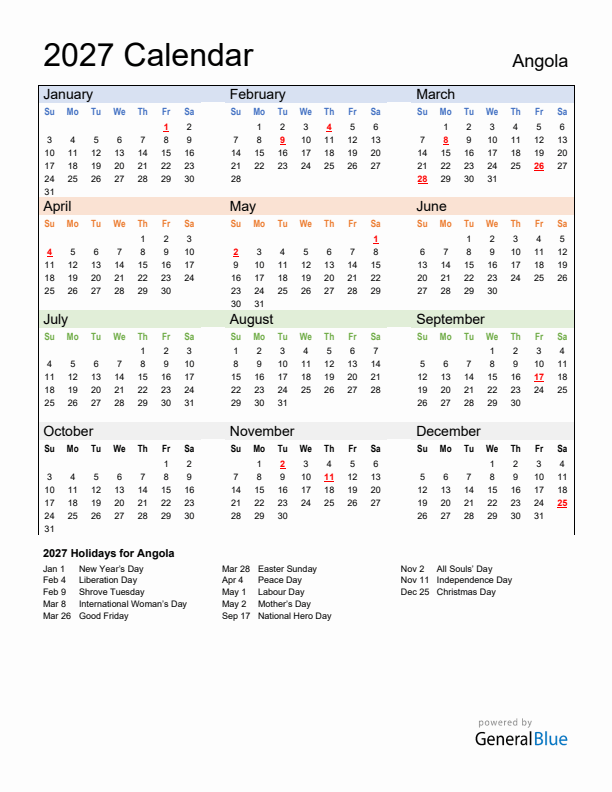 Calendar 2027 with Angola Holidays