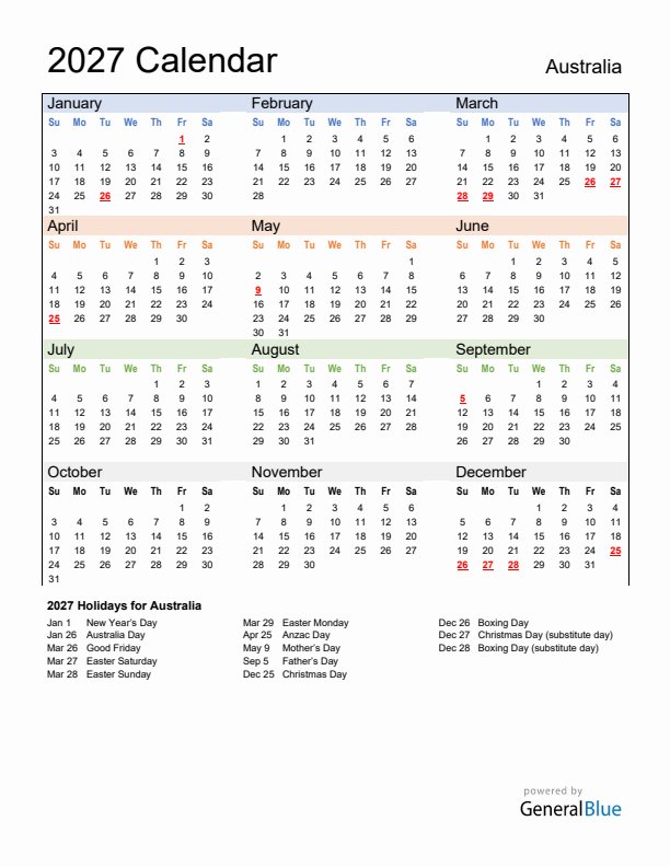 Calendar 2027 with Australia Holidays