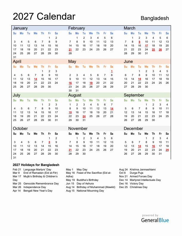Calendar 2027 with Bangladesh Holidays
