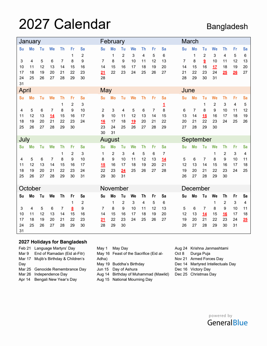 Annual Calendar 2027 with Bangladesh Holidays