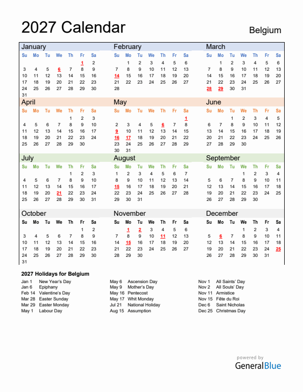 Calendar 2027 with Belgium Holidays