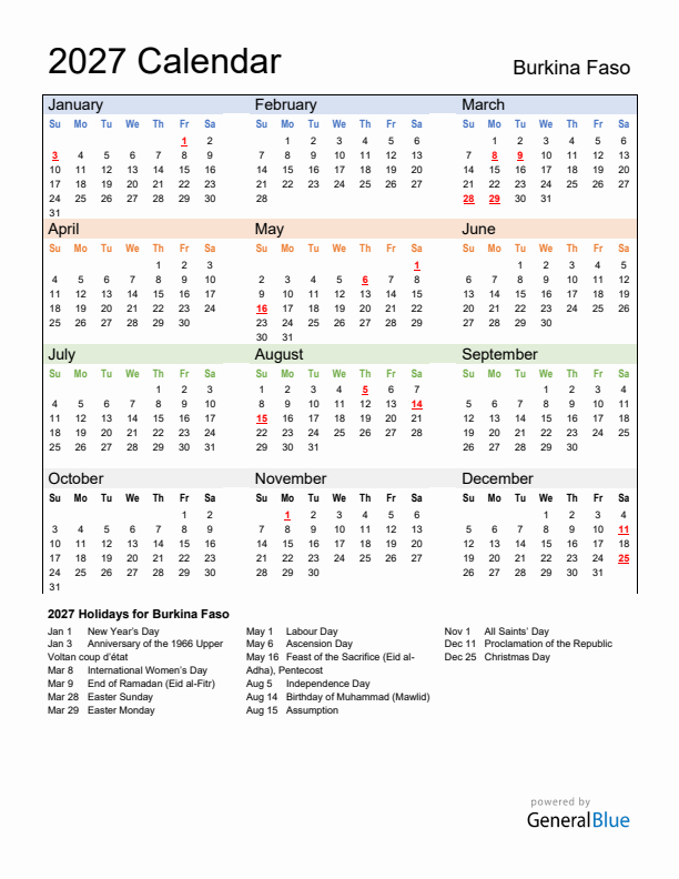 Calendar 2027 with Burkina Faso Holidays