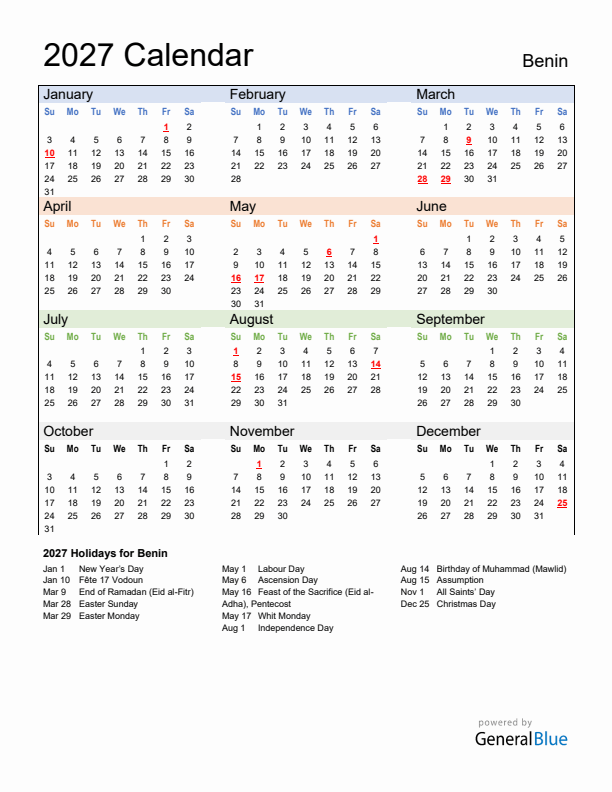 Calendar 2027 with Benin Holidays
