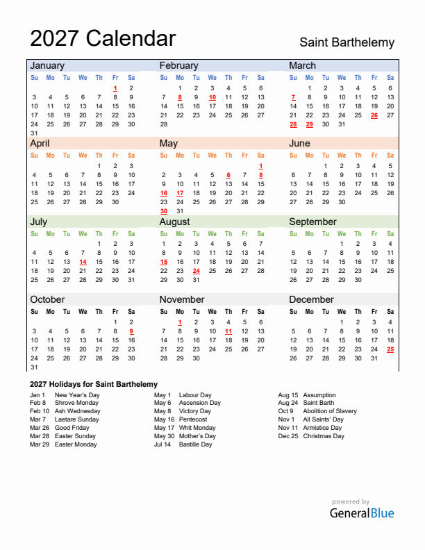 Calendar 2027 with Saint Barthelemy Holidays