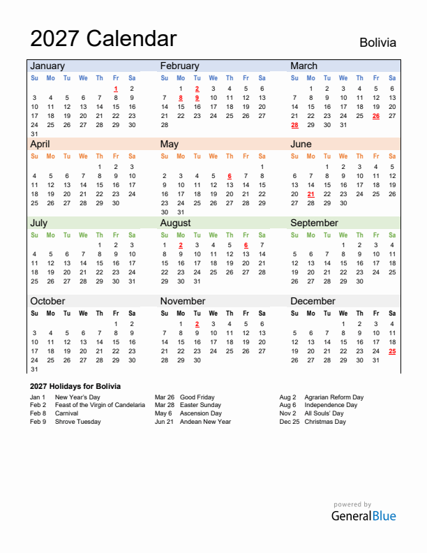 Calendar 2027 with Bolivia Holidays