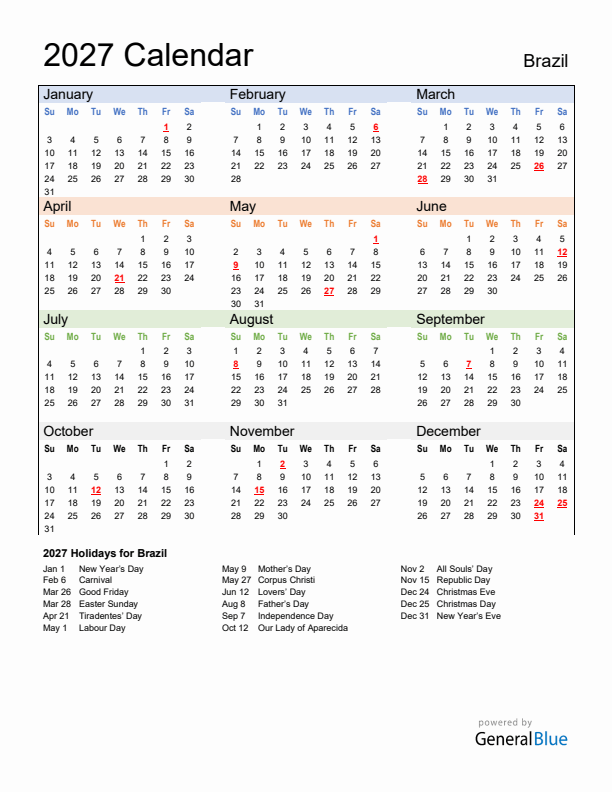 Calendar 2027 with Brazil Holidays