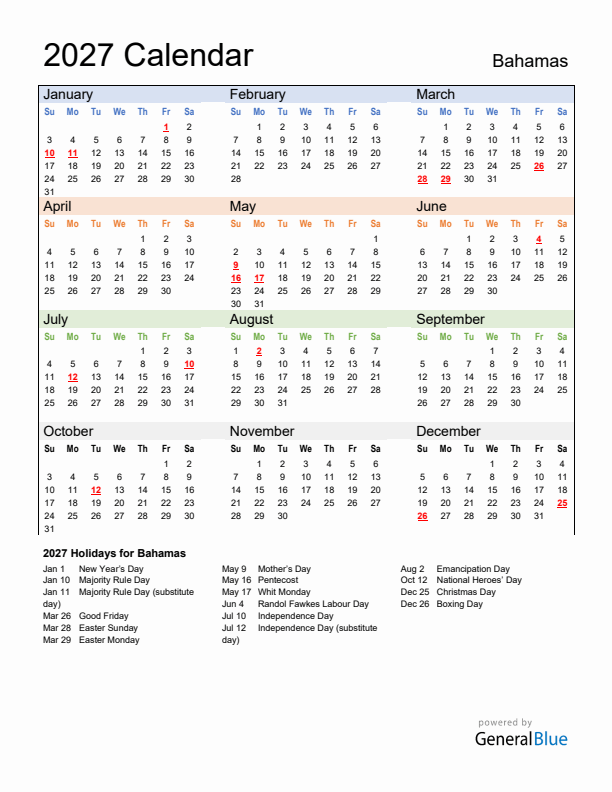 Calendar 2027 with Bahamas Holidays