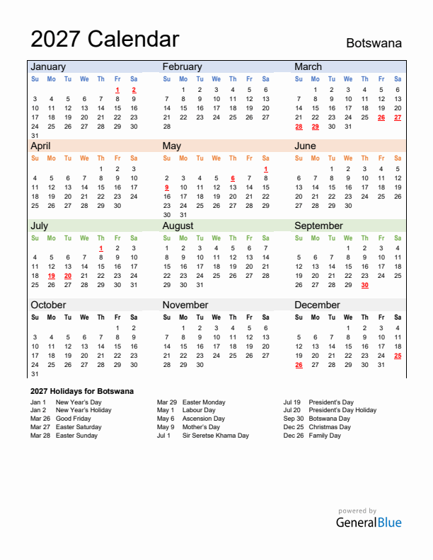 Calendar 2027 with Botswana Holidays