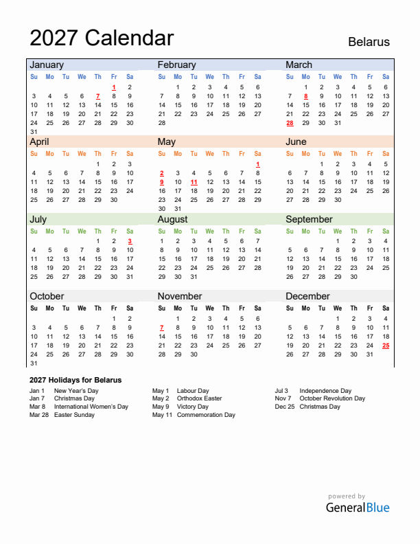 Calendar 2027 with Belarus Holidays