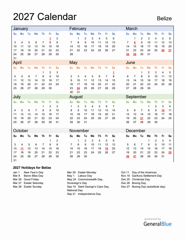 Calendar 2027 with Belize Holidays