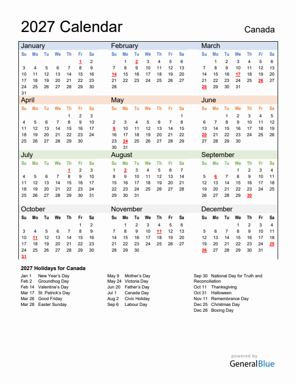 Calendar 2027 with Canada Holidays